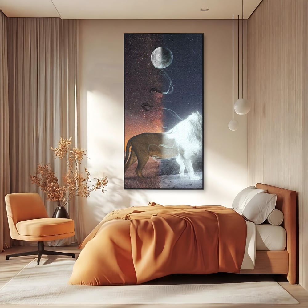 Tablou canvas cu tablou canvas cu leu si luna, in rama de aluminiu negru, pe perete intr-un dormitor